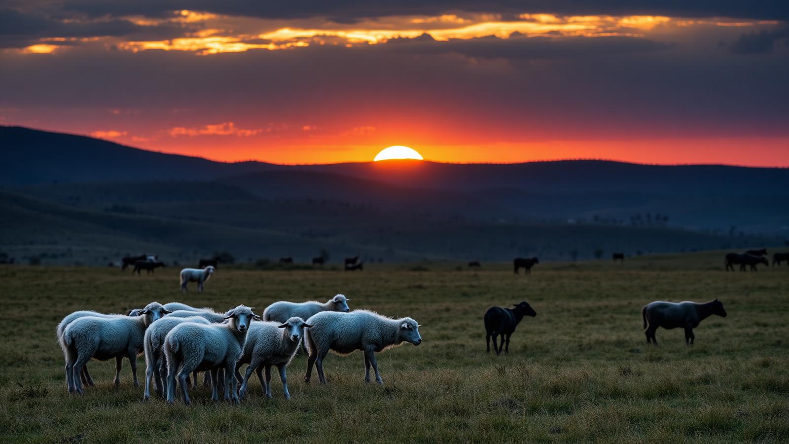 Sheep grazing on Free State farmland at sunset